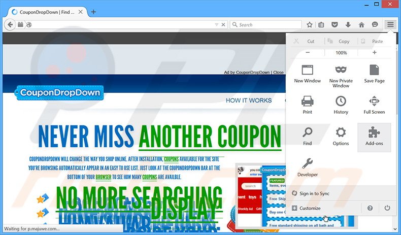 Verwijder de CouponDropDown advertenties uit Mozilla Firefox stap 1