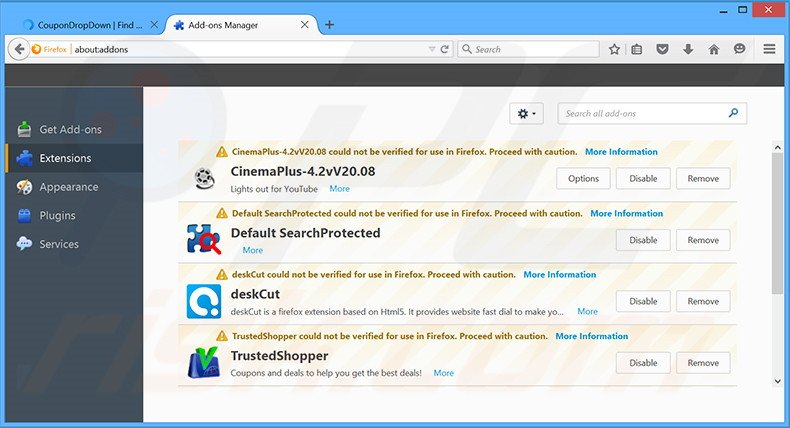 Verwijder de CouponDropDown advertenties uit Mozilla Firefox stap 2