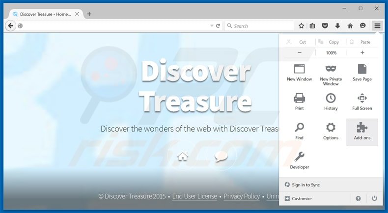 Verwijder de discover treasure adware uit Mozilla Firefox stap 1