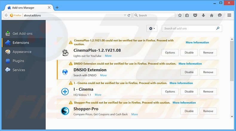 Verwijder aan dnsioweb.net gerelateerde Mozilla Firefox extensies