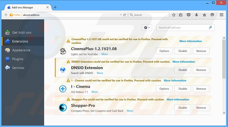 Verwijder aan dnsioweb.net gerelateerde Mozilla Firefox extensies