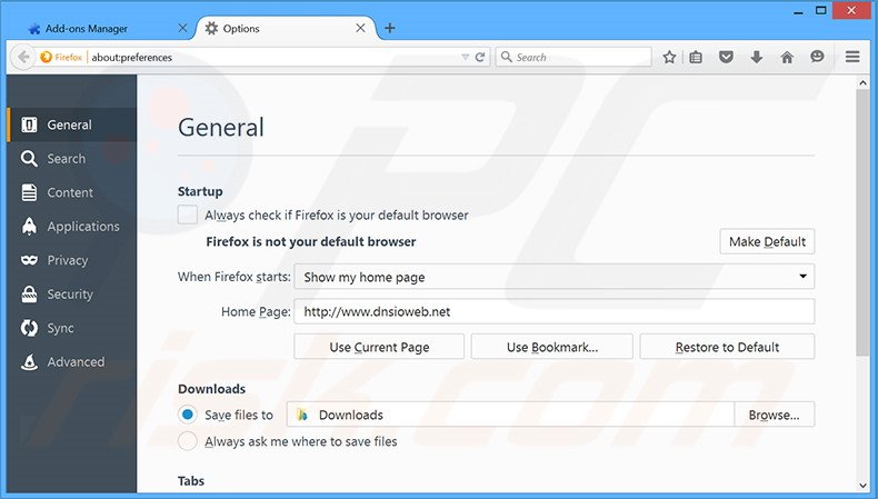 Verwijder dnsioweb.net als startpagina in Mozilla Firefox