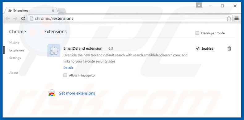 Verwijder search.emaildefendsearch.com gerelateerde Google Chrome extensies