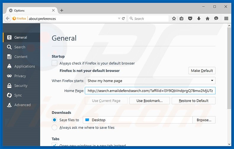 Verwijder search.emaildefendsearch.com als startpagina in Mozilla Firefox