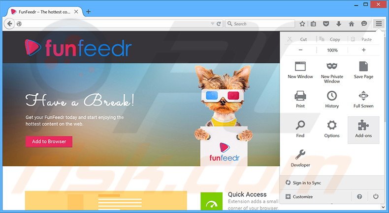 Verwijder de FunFeedr advertenties uit Mozilla Firefox stap 1