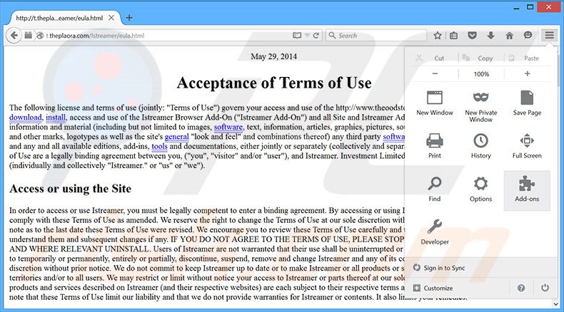 Verwijder de Istreamer advertenties uit Mozilla Firefox stap 1
