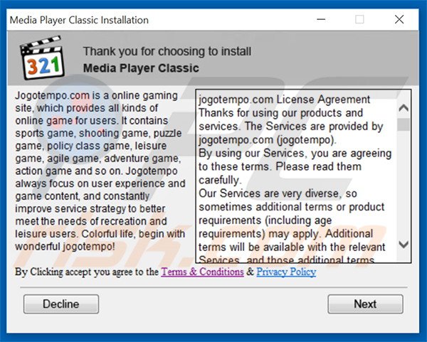 Misleidende installer die de Jogotempo adware verspreidt