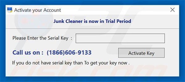 Junk Cleaner moedigt gebruikers aan een activatiesleutel te kopen