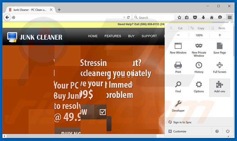Verwijder de Junk Cleaner advertenties uit Mozilla Firefox stap 1