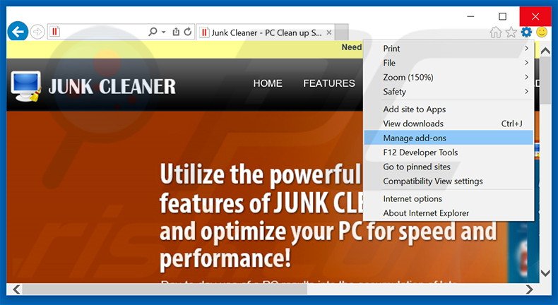 Verwijder de Junk Cleaner advertenties uit Internet Explorer stap 1