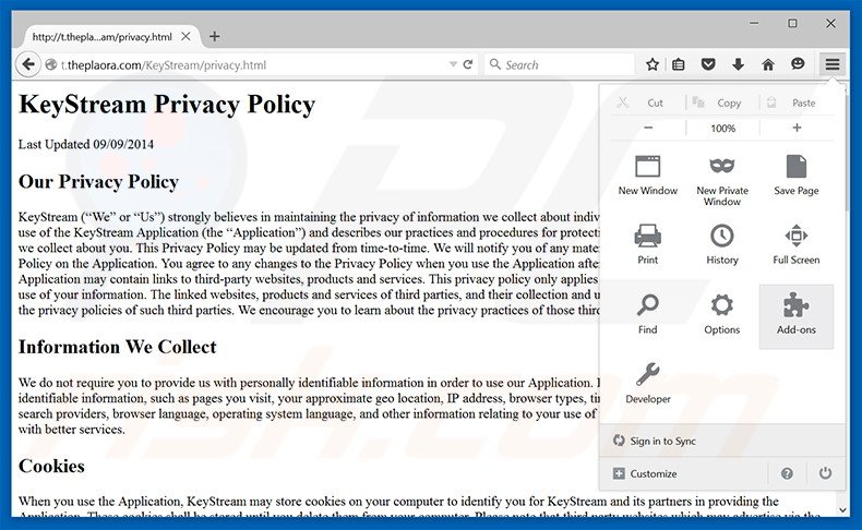 Verwijder de KeyStream advertenties uit Mozilla Firefox stap 1