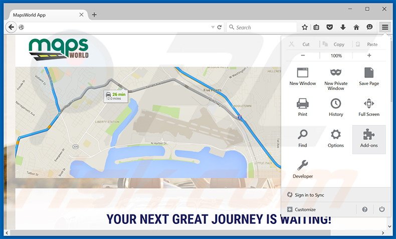 Verwijder de MapsWorld advertenties uit Mozilla Firefox stap 1