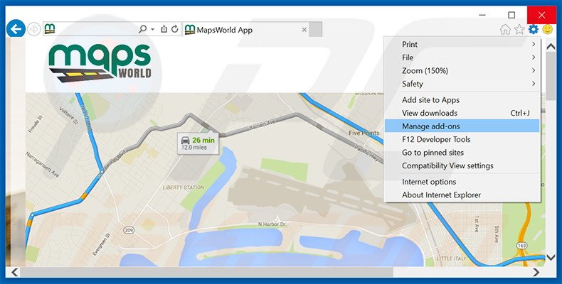Verwijder de MapsWorld advertenties uit Internet Explorer stap 1