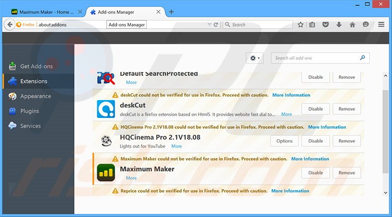Verwijder de Maximum Maker advertenties uit Mozilla Firefox stap 2