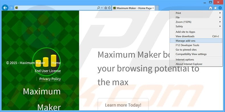 Verwijder de Maximum Maker advertenties uit Internet Explorer stap 1