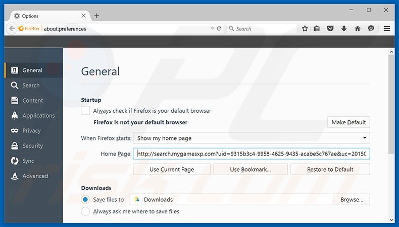 Verwijder search.mygamesxp.com als startpagina in Mozilla Firefox