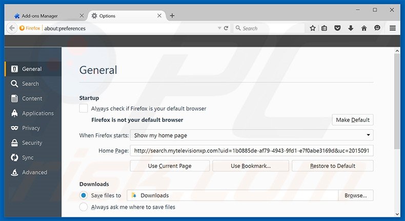 Verwijder search.mytelevisionxp.com als startpagina in Mozilla Firefox