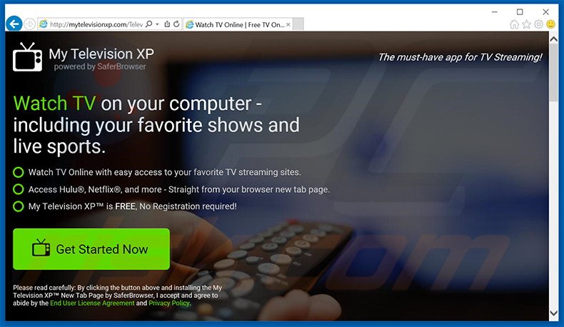 Website gebruikt om de My Television XP browser hijacker te promoten