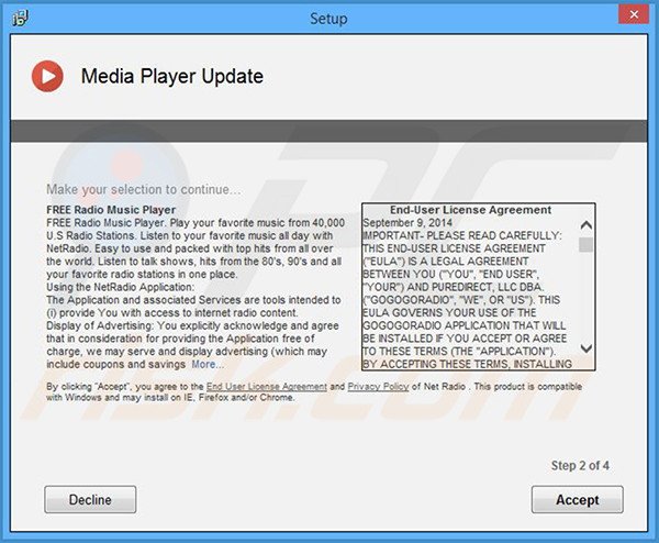 Misleidende software installer gebundeld met de NetRadio adware