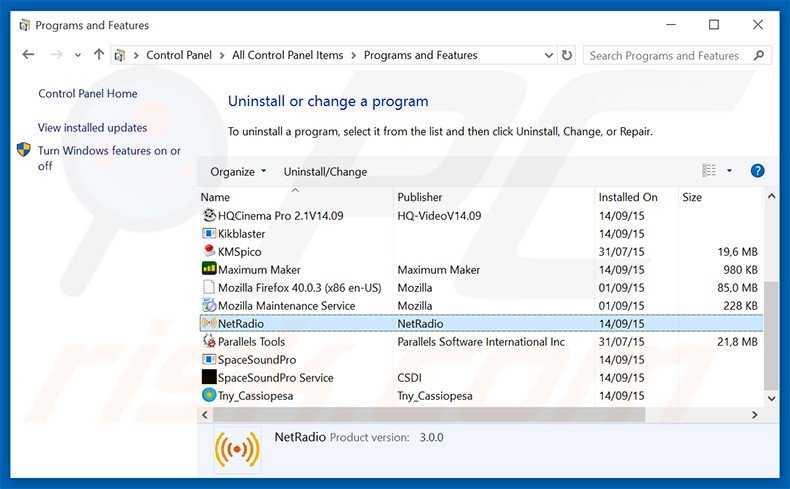 NetRadio adware verwijdering via het Controle Paneel