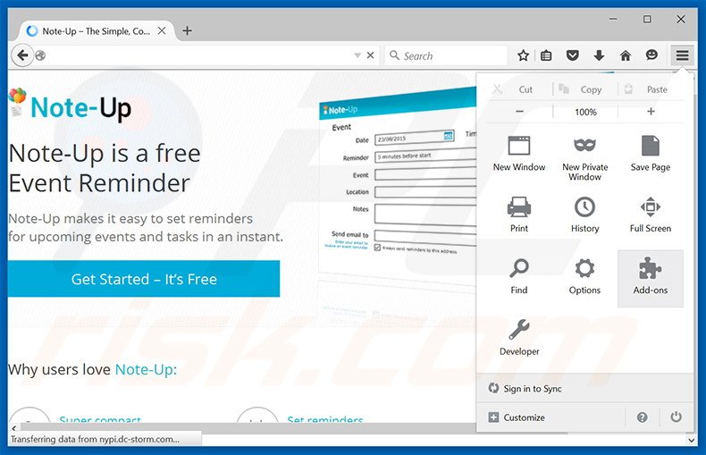 Verwijder de Note-up advertenties uit Mozilla Firefox stap 1