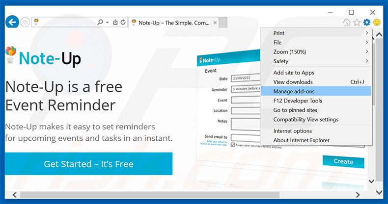Verwijder de Note-up advertenties uit Internet Explorer stap 1
