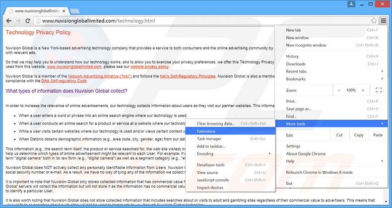 Verwijder de Nuvision Global Data Remarketer advertenties uit Google Chrome stap 1
