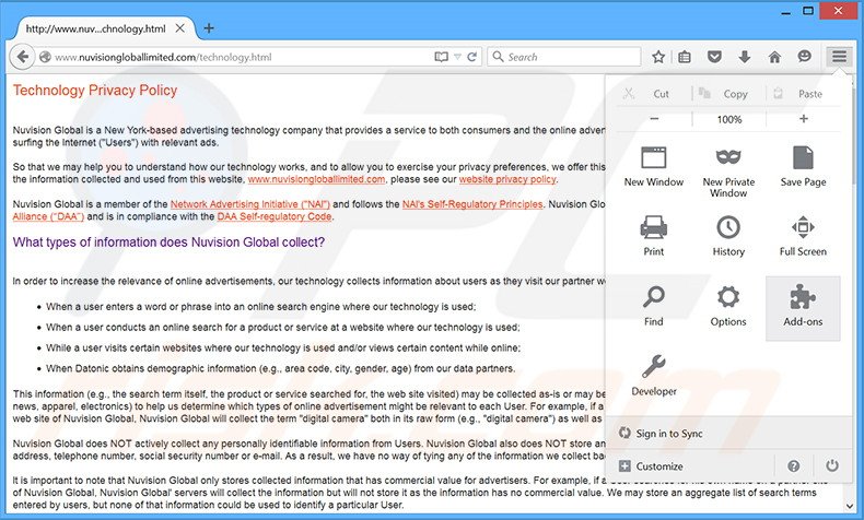 Verwijder de Nuvision Global Data Remarketer advertenties uit Mozilla Firefox stap 1