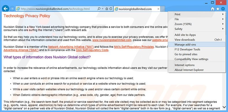 Verwijder de Nuvision Global Data Remarketer advertenties uit Internet Explorer stap 1