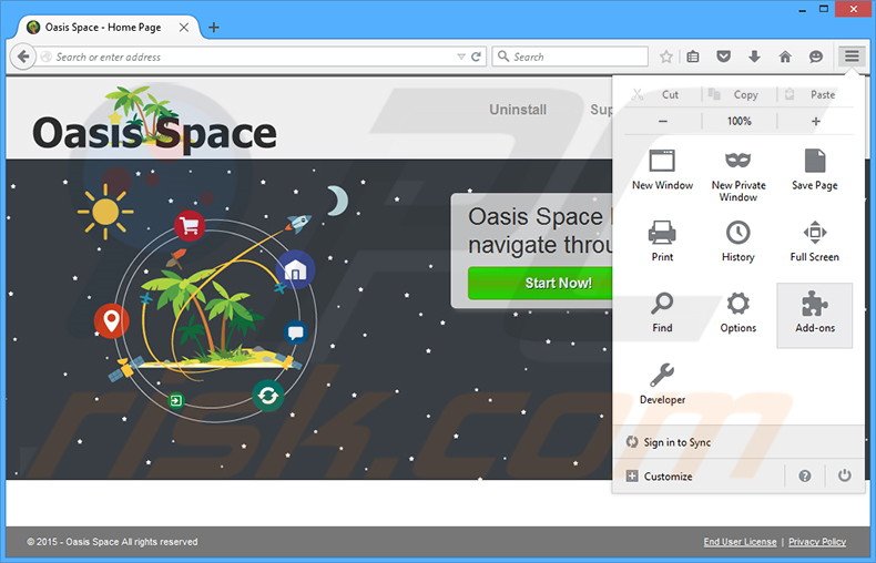 Verwijder de Oasis Space advertenties uit Mozilla Firefox stap 1