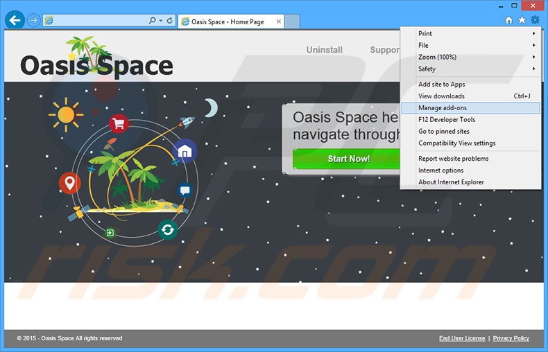 Verwijder de Oasis Space advertenties uit Internet Explorer stap 1