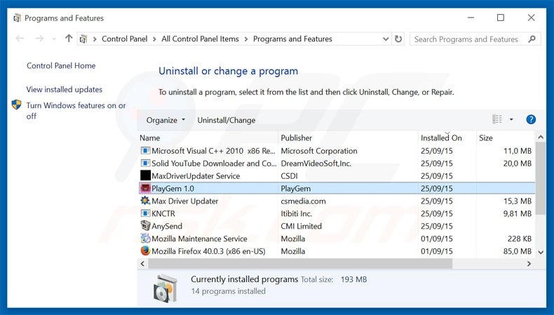 playgem adware verwijdering via het Controle Paneel