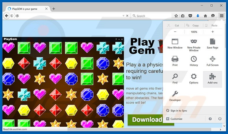 Verwijder de PlayGEM advertenties uit Mozilla Firefox stap 1