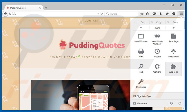 Verwijder de PuddingQuotes advertenties uit Mozilla Firefox stap 1