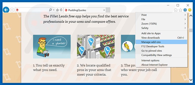 Verwijder de PuddingQuotes advertenties uit Internet Explorer stap 1