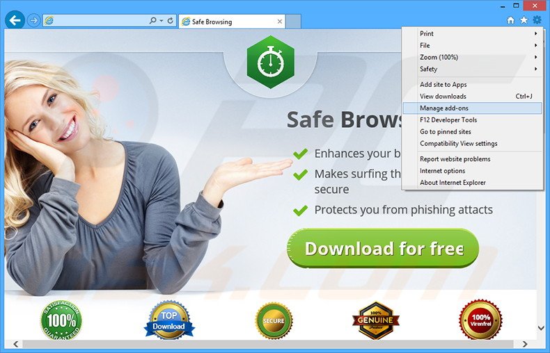 Verwijder de Safe Browsing advertenties uit Internet Explorer stap 1