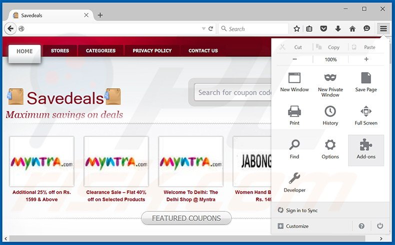 Verwijder de SaveDeals advertenties uit Mozilla Firefox stap 1