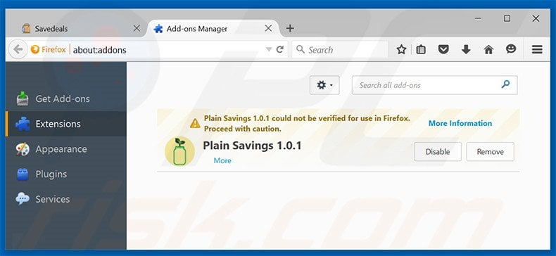 Verwijder de SaveDeals advertenties uit Mozilla Firefox stap 2