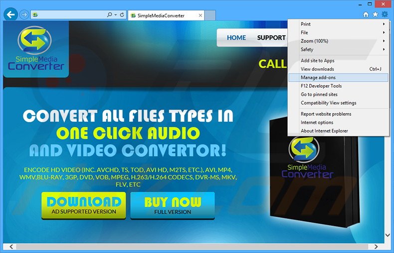 Verwijder de Simple Media Converter advertenties uit Internet Explorer stap 1