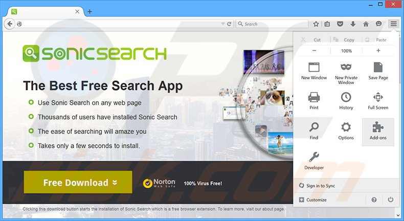 Verwijder de Sonic Search advertenties uit Mozilla Firefox stap 1