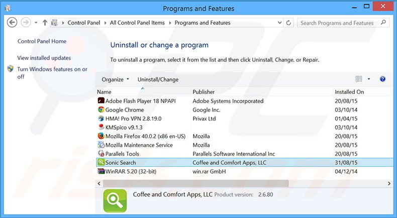 Sonic Search adware verwijdering via het Controle Paneel