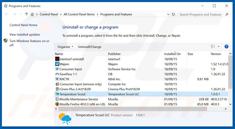 Temperature Scout adware verwijdering via het Controle Paneel