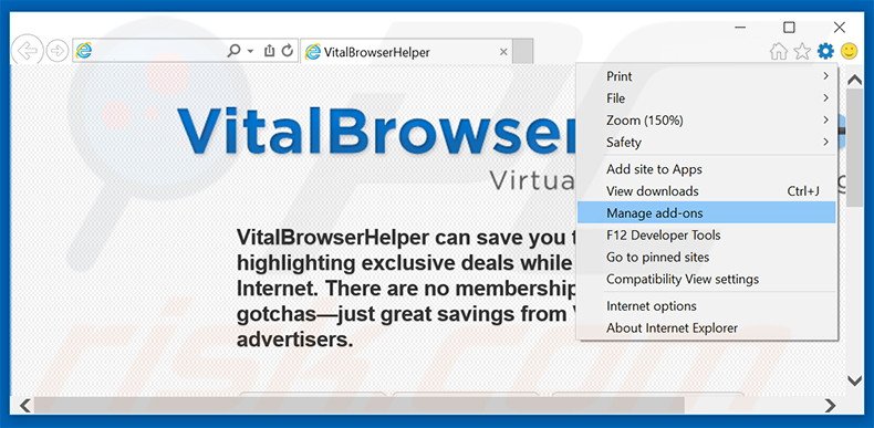 Verwijder de Vital Browser Helper advertenties uit Internet Explorer stap 1