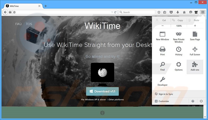 Verwijder de WikiTime advertenties uit Mozilla Firefox stap 1
