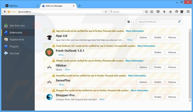 Verwijder de WikiTime advertenties uit Mozilla Firefox stap 2