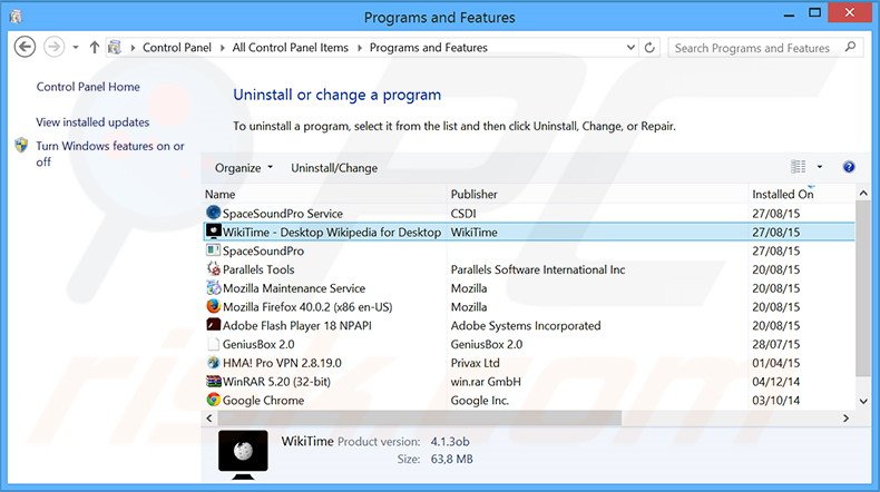 WikiTime adware verwijdering via het Controle Paneel