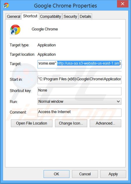 Verwijder www-search.info als doel van de Google Chrome snelkoppeling stap 2