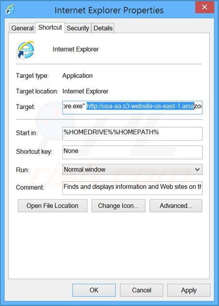 Verwijder www-search.info als doel van de Internet Explorer snelkoppeling stap 2