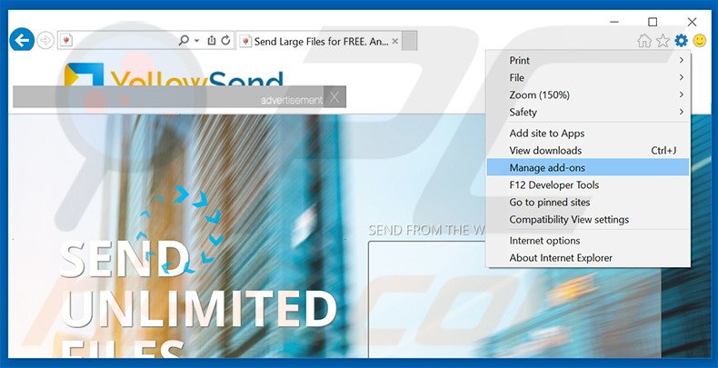 Verwijder de YellowSend advertenties uit Internet Explorer stap 1