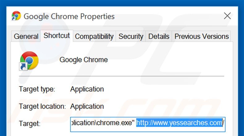 Verwijder yessearches.com als doel van de Google Chrome snelkoppeling stap 2